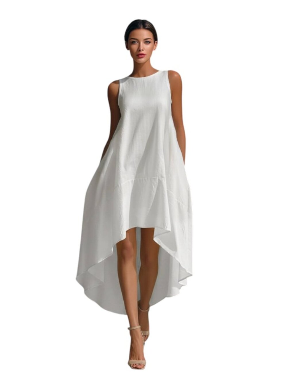 NWT Modesees High Low Midi Dress Womens Small White Crew Neck Sleeveless Linen